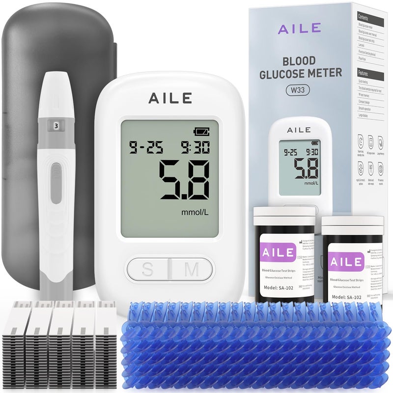 Blood Glucose Test Kit for Diabetes: AILE Blood Sugar Monitor Testing Kits Diabetics Meter for Home Use Test Strips x 50 and Low Pain Lancing Devices x 50 - UK Glucometer
